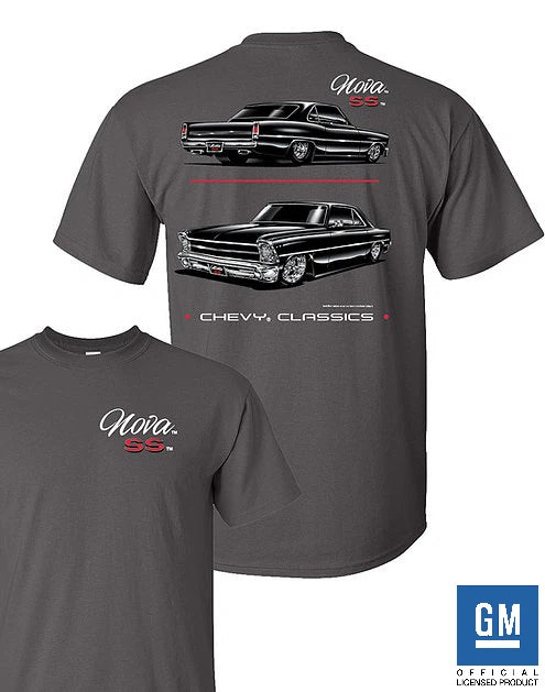 Licensed Gray T Shirt with Black Chevy Nova SS Script Logo for Adults (1969–1972)