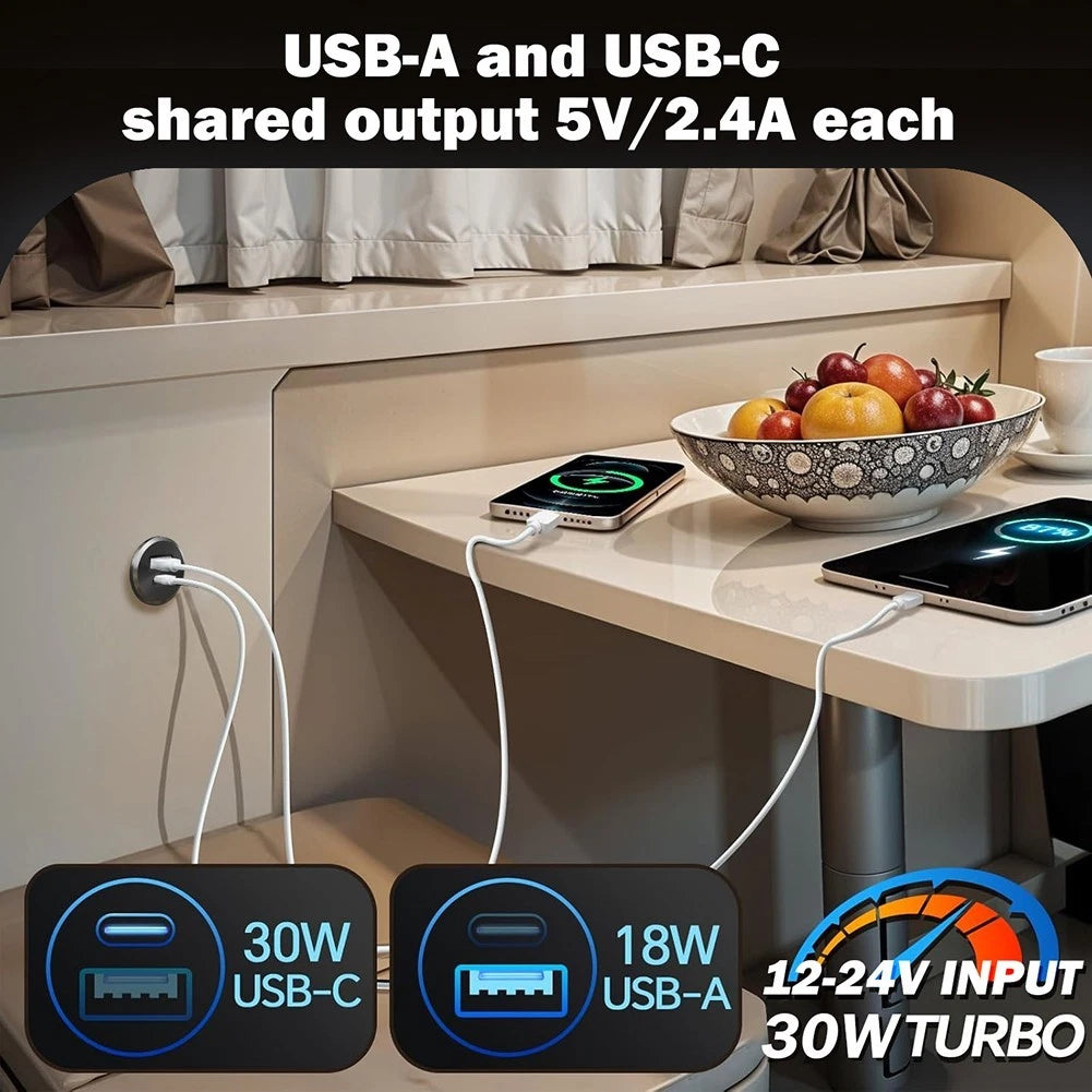 USB Power Inlet 12V 24V PD3.0 30W for Camper Trailer Car Van Boat