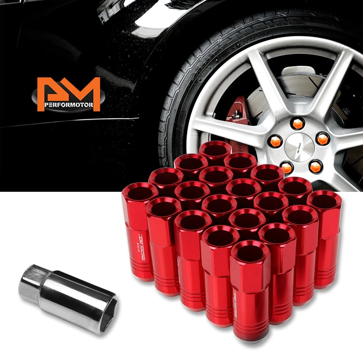 Set of 20 M12X1.25 Red JDM Open End Conical Hex Wheel Lug Nuts + Extension 20mm