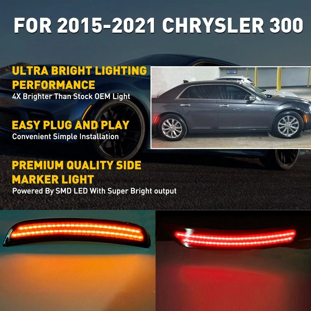 4X LED Side Marker Light for Chrysler 300 (2015–2021) Front Amber Rear Red Smoke
