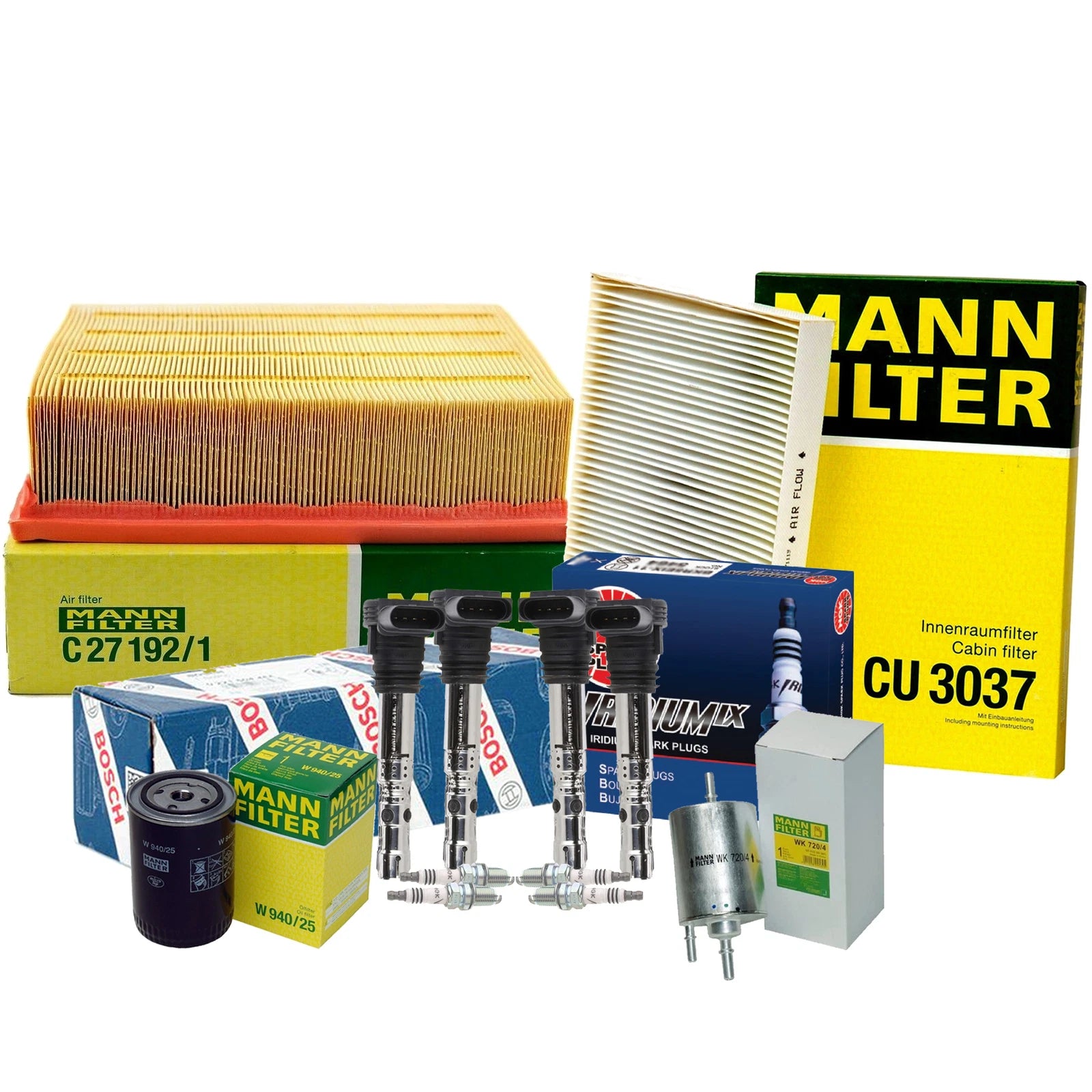 Set of 4 Mann Filters & 4 NGK IridiumIX Spark Plugs for Audi A4 (FWD)