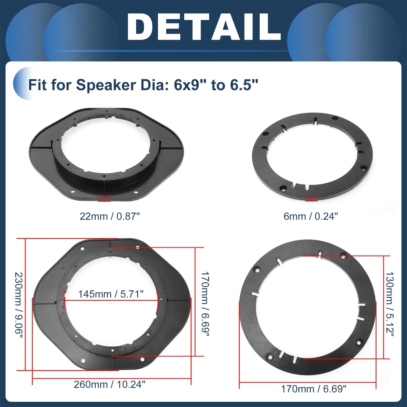 Set of 4 Speaker Spacer Rings for Toyota 6x9" to 6.5"