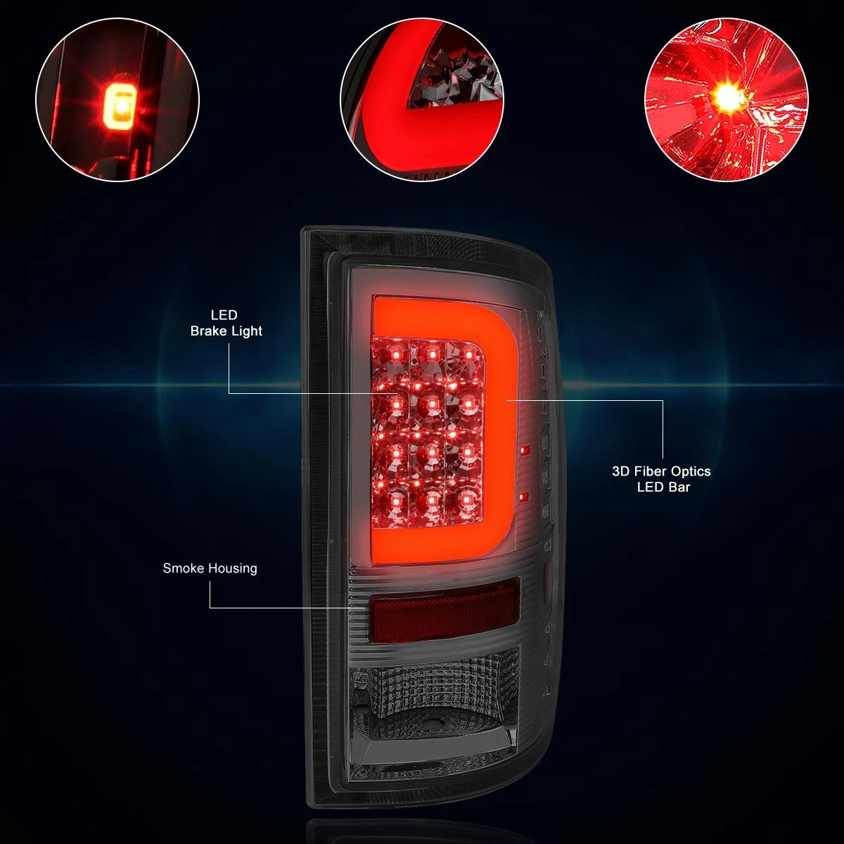 3D LED C-Bar Tail Light for Dodge Ram Pickup (2009–2017) - Red, Smoked