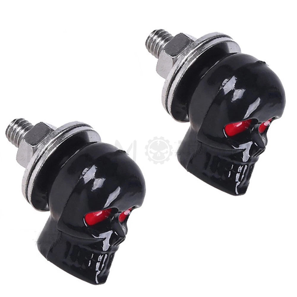 2X Skull Black Motorcycle License Plate Frame Bolts Screws Red Eye