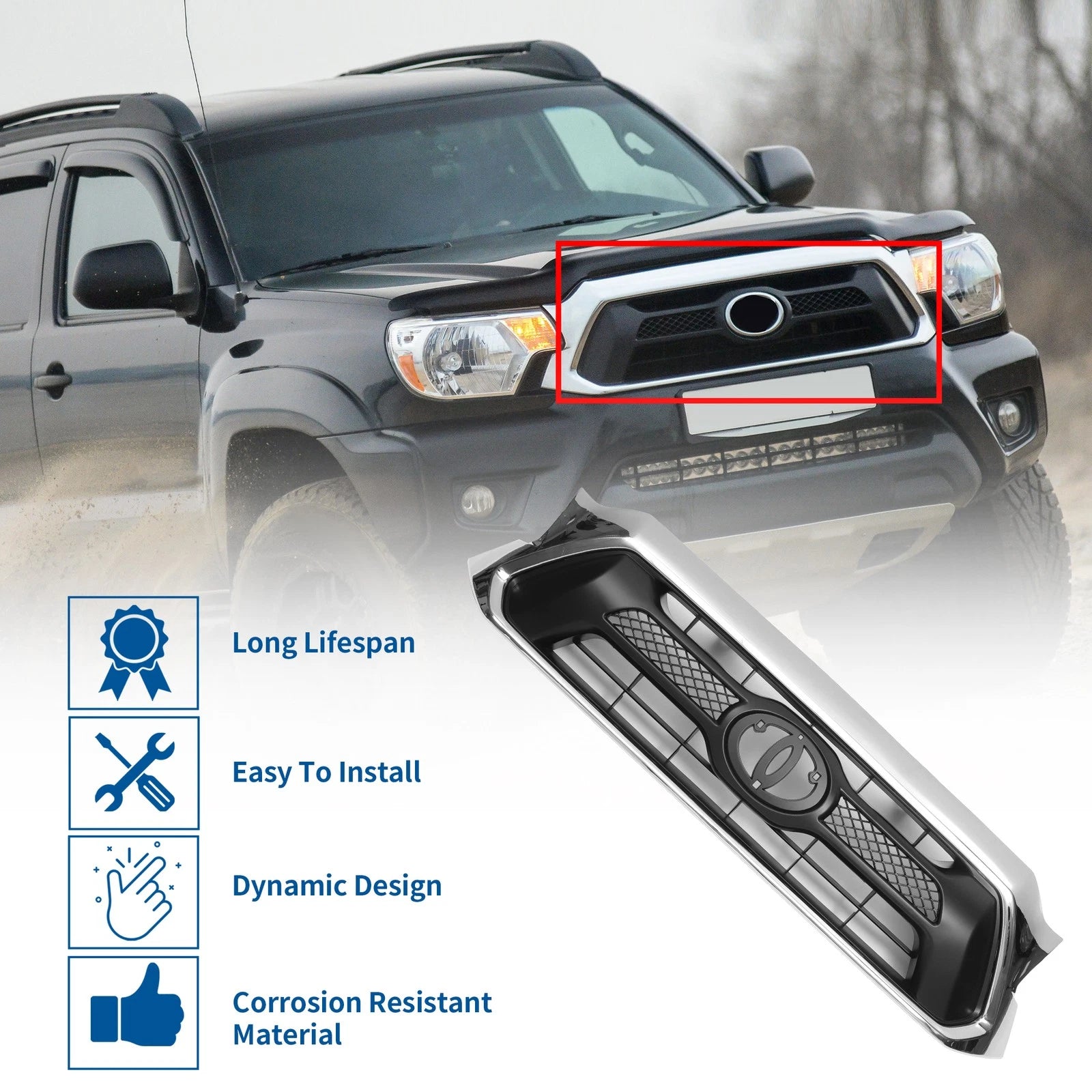 Front Hood Bumper Grille for Toyota Tacoma (2012) Chrome Silver Black