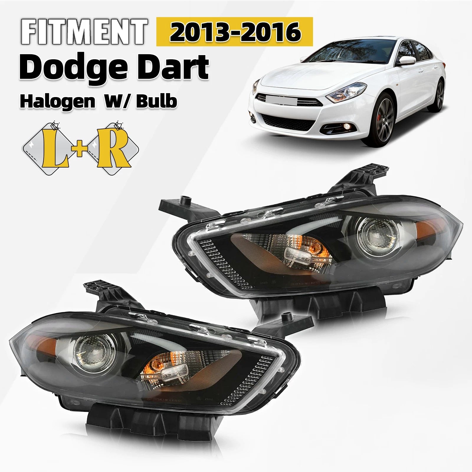 Halogen Headlight Set for Dodge Dart (2013–2016) w/Black Trim, Left+Right