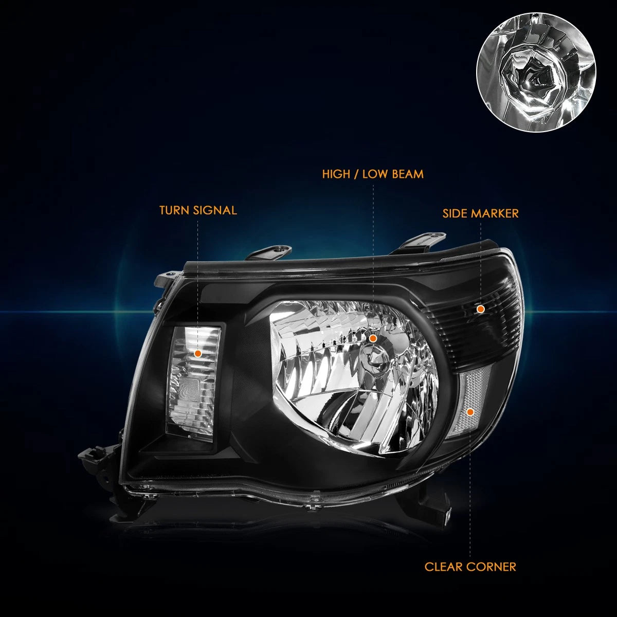 Headlight Lamps for Toyota Tacoma (2005–2011) Black Housing Clear Corner