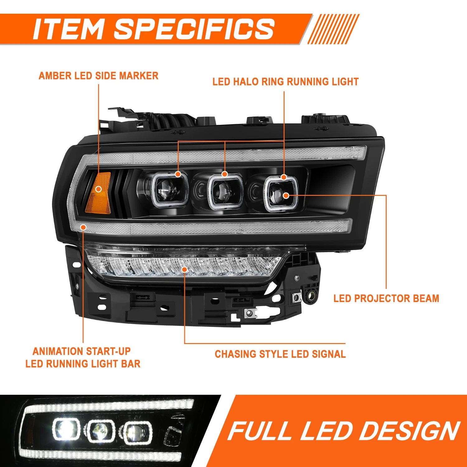 Full LED DRL Projector Headlights for Ram 2500-5500 (2019–2024)
