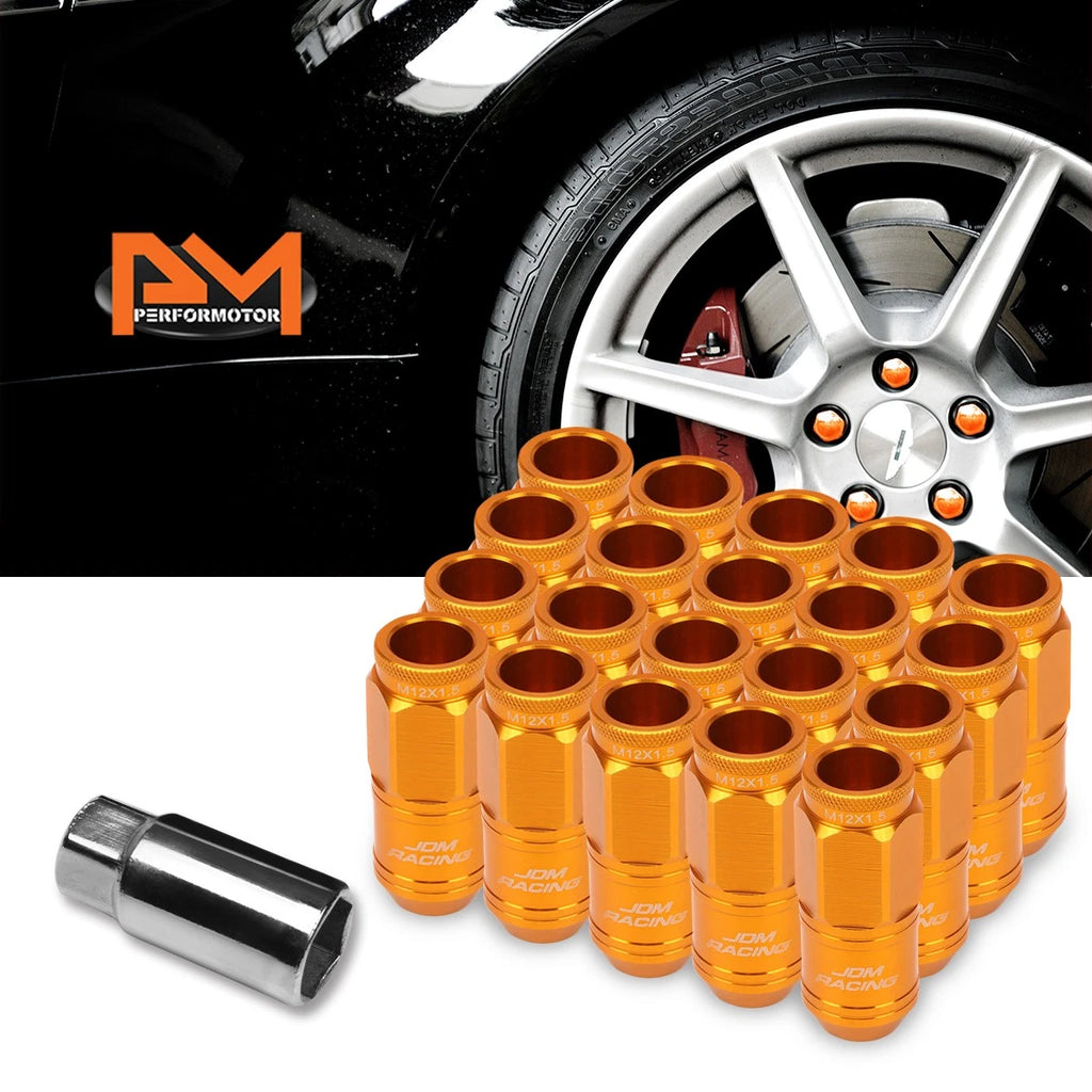 Set of 20 M12X1.5 Orange JDM Open End Cone Wheel Lug Nuts + Spline Lock Key