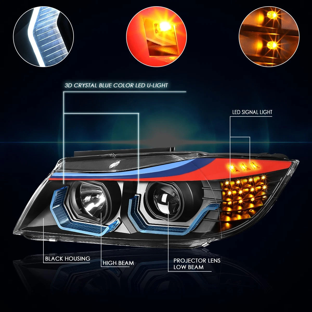 3D LED Angle Eye Projector Headlight for BMW E90 (2006–2008)