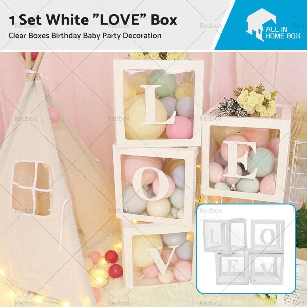 White LOVE Box Cube Clear Balloon Boxes for Birthday Baby Shower Party