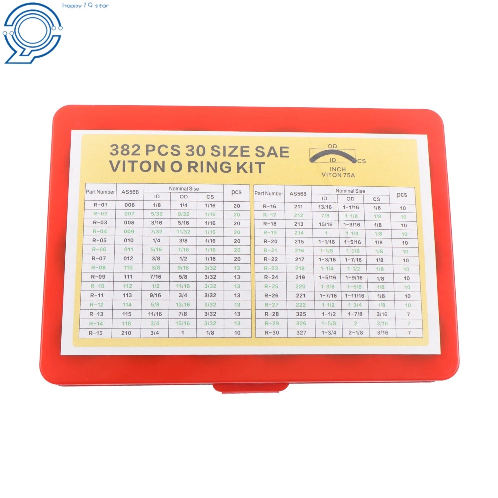382 PCS FKM O Ring Assortment Kit for (30 Sizes)