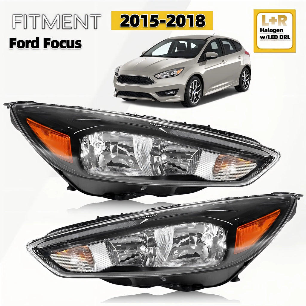 Halogen Headlights for Ford Focus (2015–2018) LED DRL Black Left + Right Pair