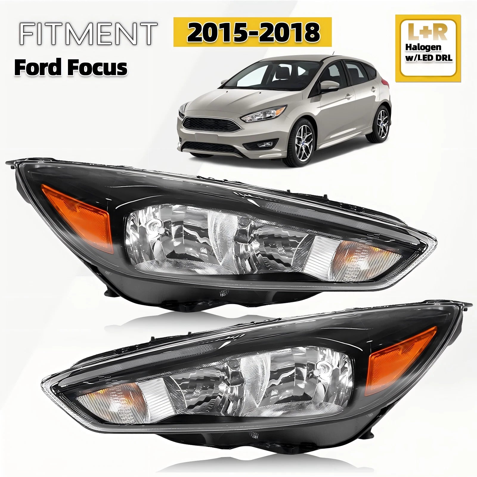 Halogen Headlights for Ford Focus (2015–2018) LED DRL Black Left + Right Pair