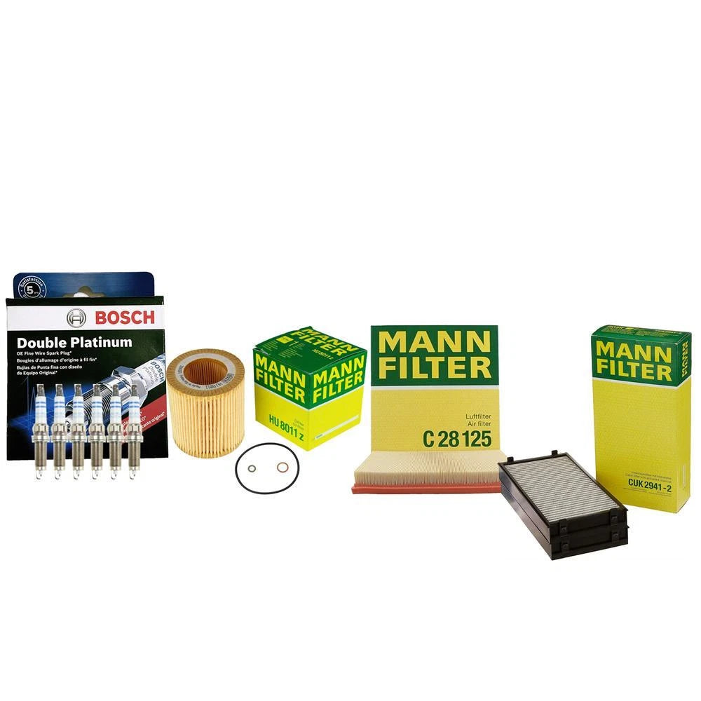 Mann Cabin Oil & Air Filter Set with 6 Bosch Double Platinum Spark Plugs for BMW