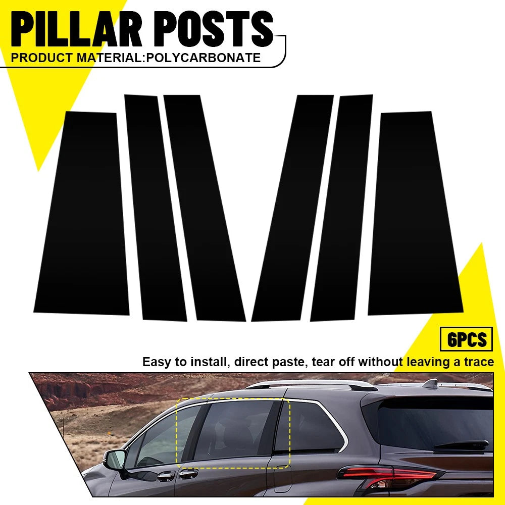 Set of 6 Gloss Black Pillar Post Window Trim for Toyota Sienna (2021–2024)