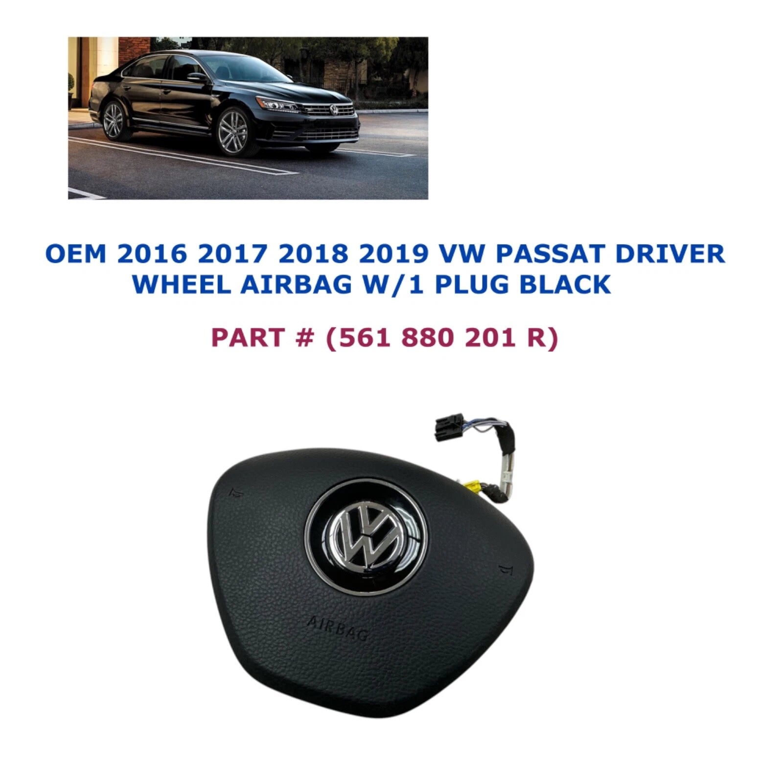 Driver Wheel Airbag for VW Passat (2016–2019) W/1 Plug Black 561 880 201 R
