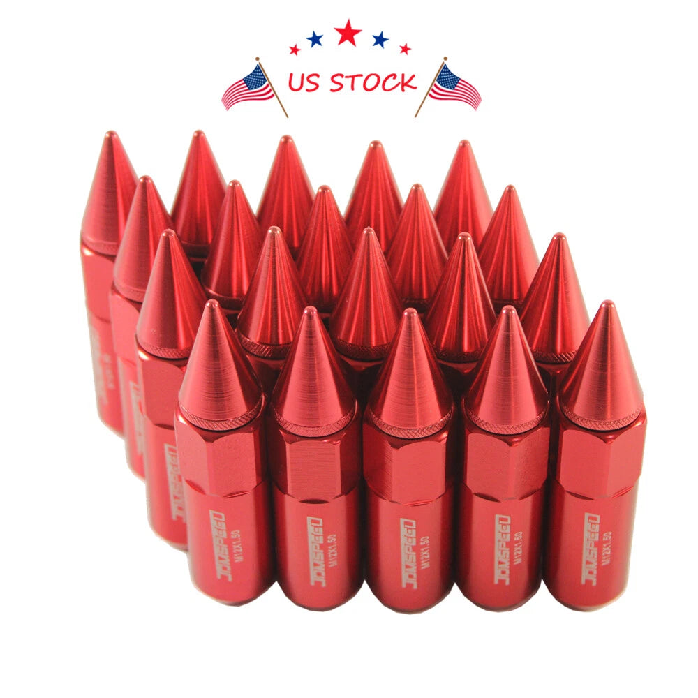 Set of 20 Red M12x1.5 Spiked Extended Tuner Lug Nuts for Wheels