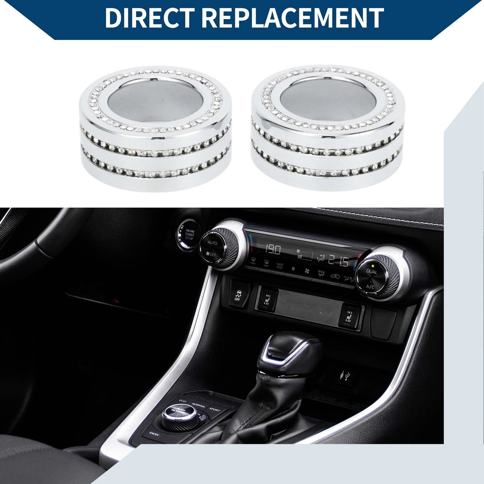 Set of 2 AC Climate Heater Switch Knob Cover Rings for Toyota RAV4 (2020–2023) Silver Tone