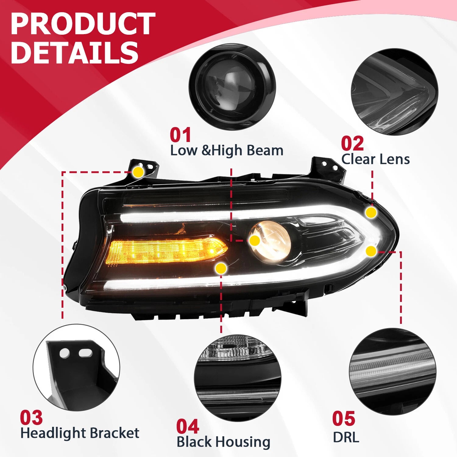 HECASA Halogen LED DRL Projector Headlights for Dodge Charger (2015–2022)