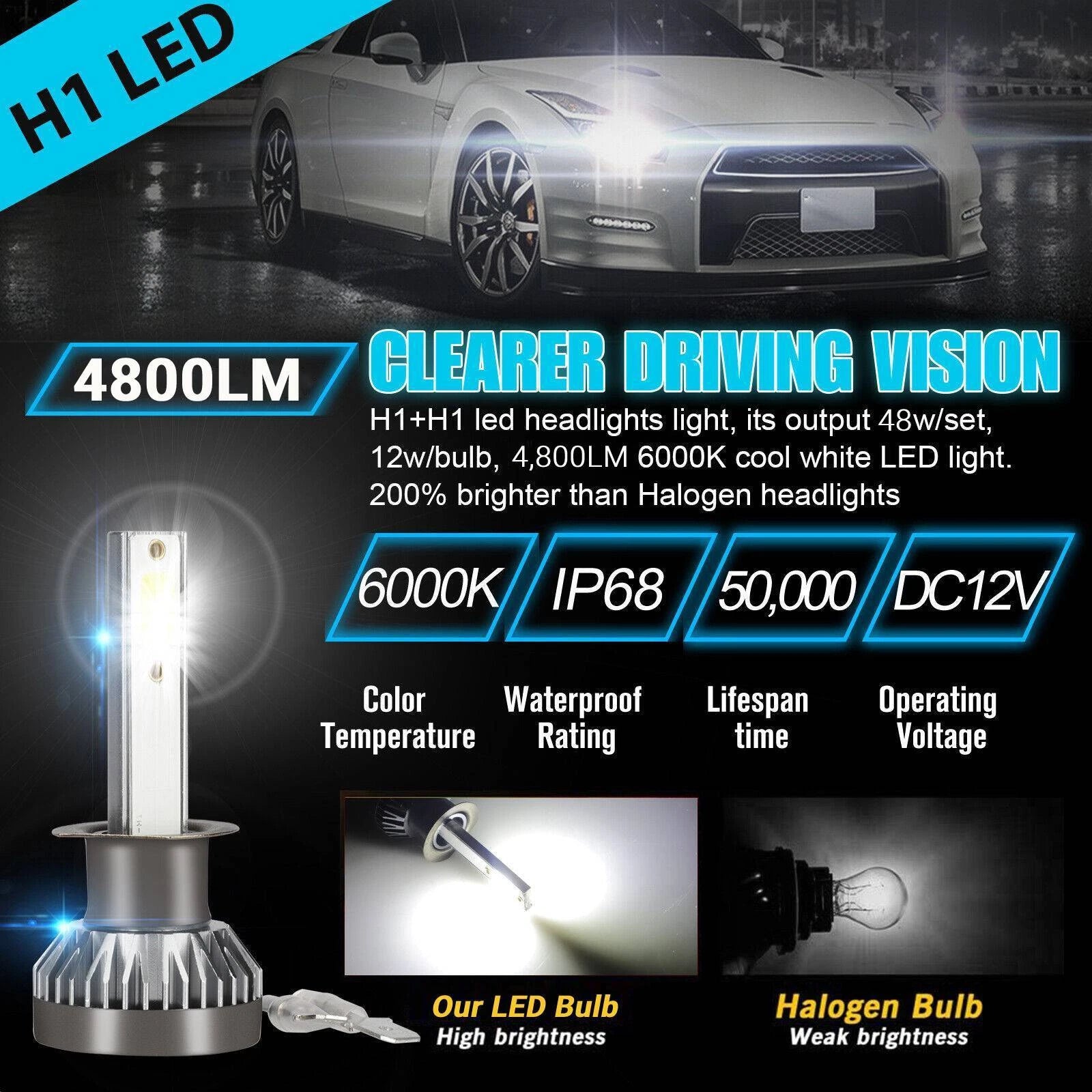 4X H1 LED Headlight Bulbs Conversion Kit for