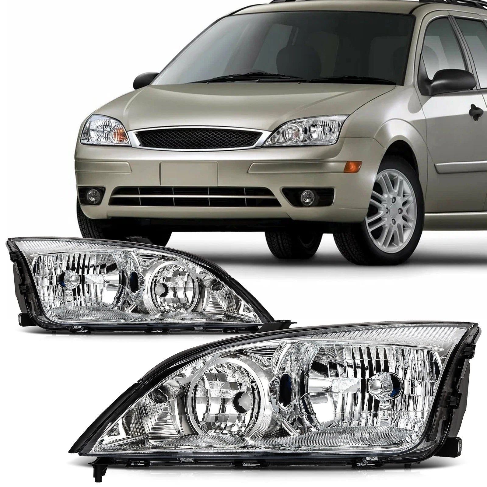 2X Headlight Assembly for Ford Focus (2005–2007) - Chrome