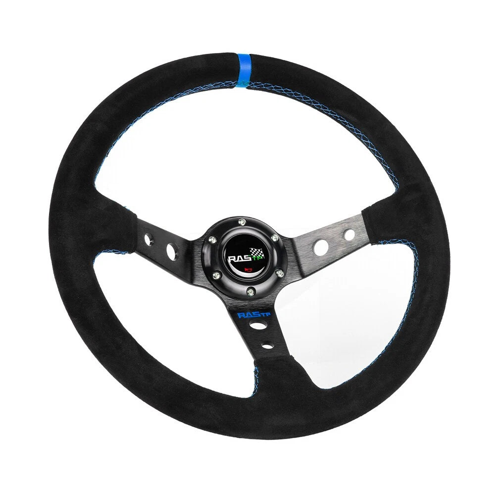 14" Suede Leather Deep Dish Steering Wheel + Quick Release Kit for Racing