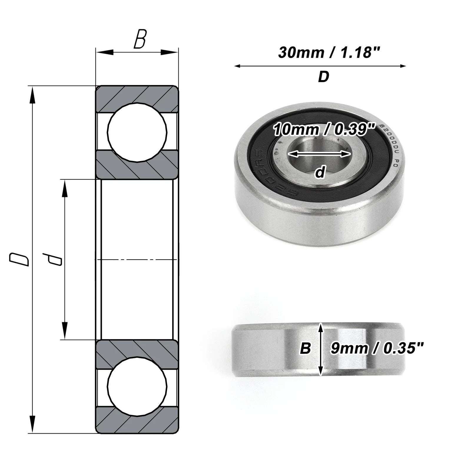 6200DDU Deep Groove Ball Bearing for Scooter Skateboard Wheel (P0 10x30x9mm)
