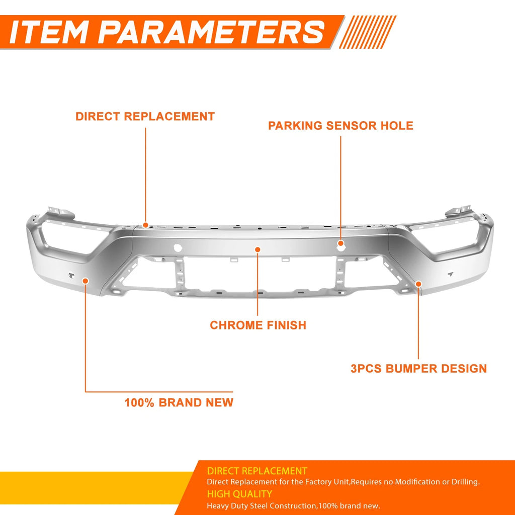 Front Bumper Face Bar for Ford F-150 (2021–2023) w/Park Sensor & Fog Light Holes Chrome