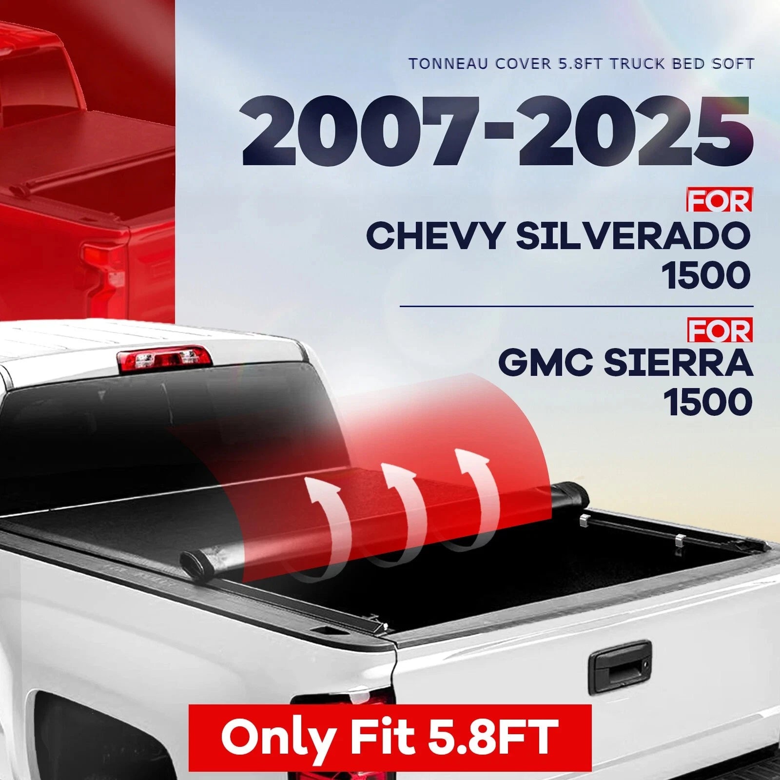 Tonneau Bed Cover Roll Up for GMC Sierra Chevy Silverado 1500 (2007-2025)