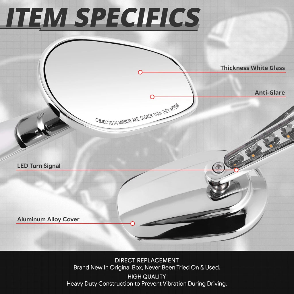 Chrome Oval LED Signal Side View Mirrors for Universal Naked Bike Cruiser