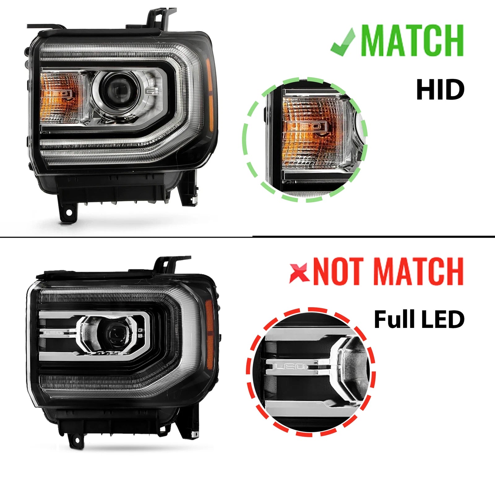 Pair Headlights for GMC Sierra 1500 (2016–2018) HID/Xenon with LED DRL Projector