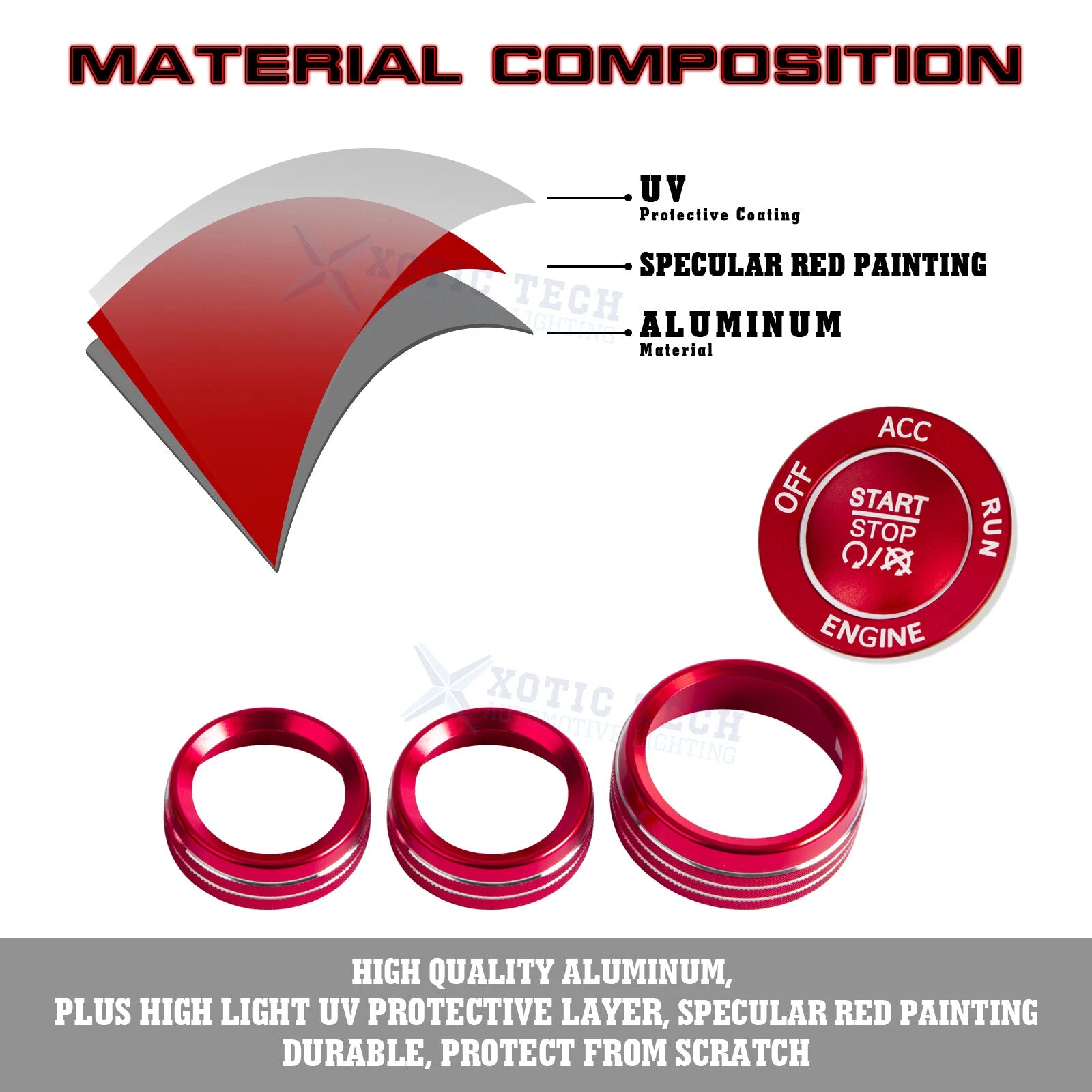 Red Power Ignition Switch Button AC Volume Knob Cover for Dodge Challenger (2015-2024)