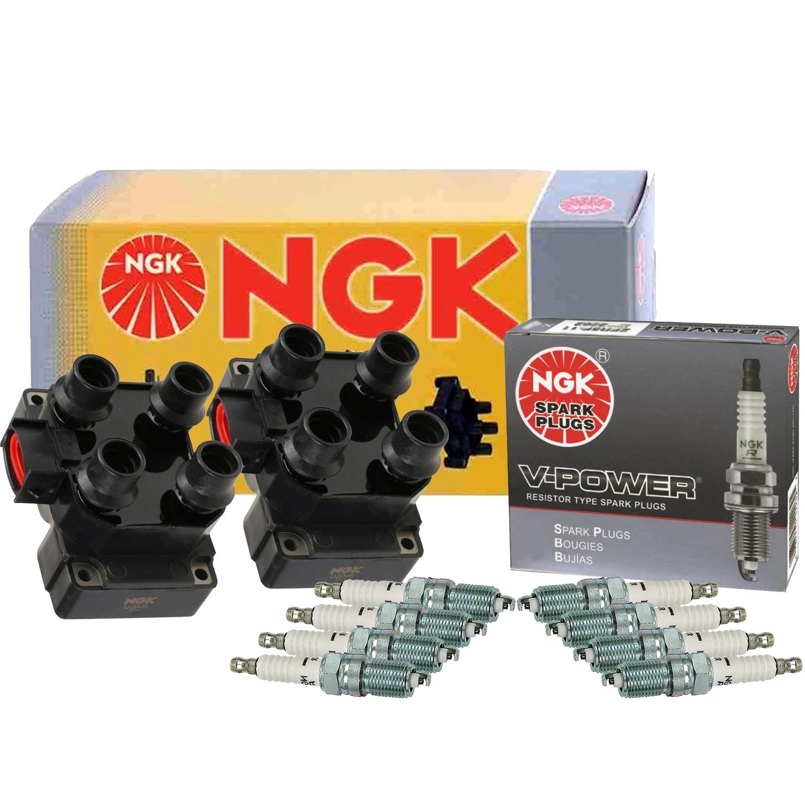 Set of 2 NGK DIS Ignition Coils & 8 V-Power Spark Plugs for Ford Crown Victoria (1992–2011)