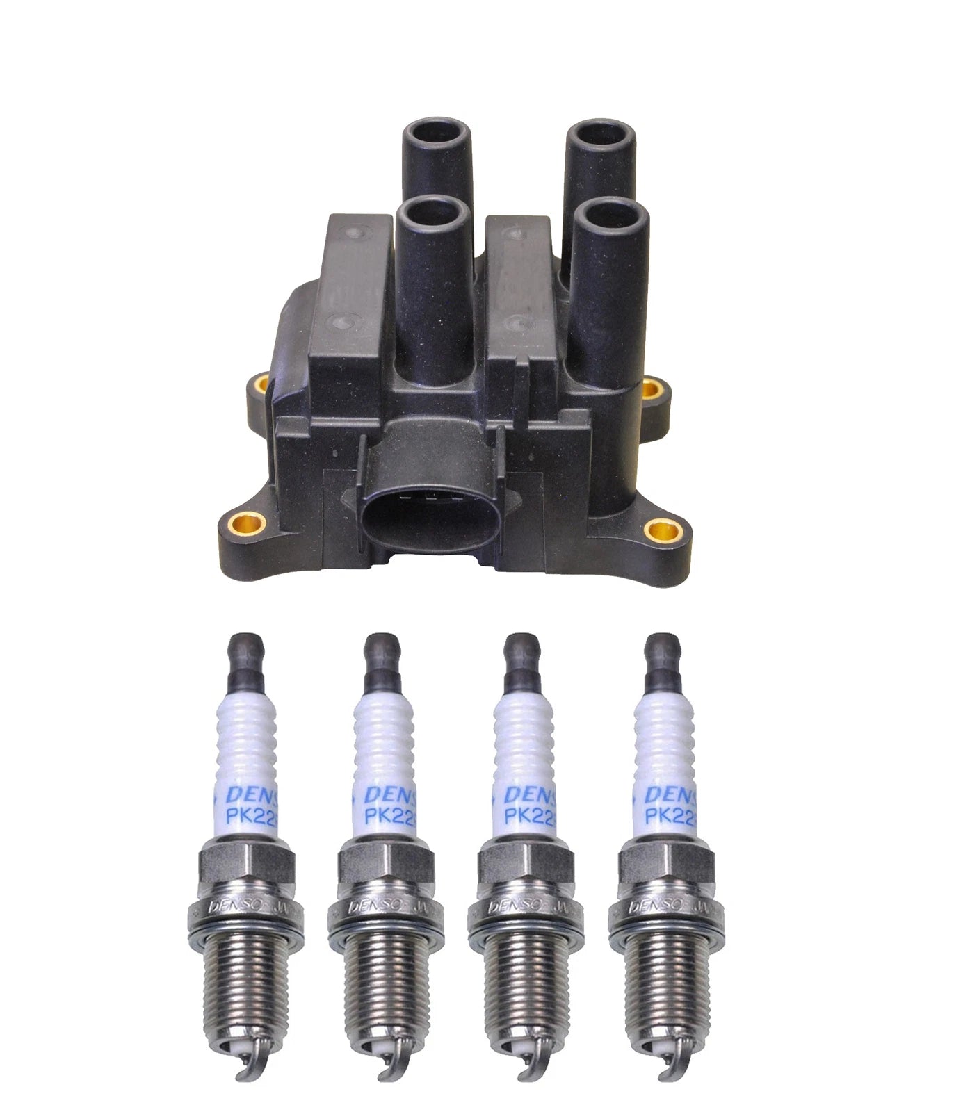 Denso Ignition Coil & 4 Double Platinum Spark Plugs Kit for Mazda 2.3 L4 (2003–2008)