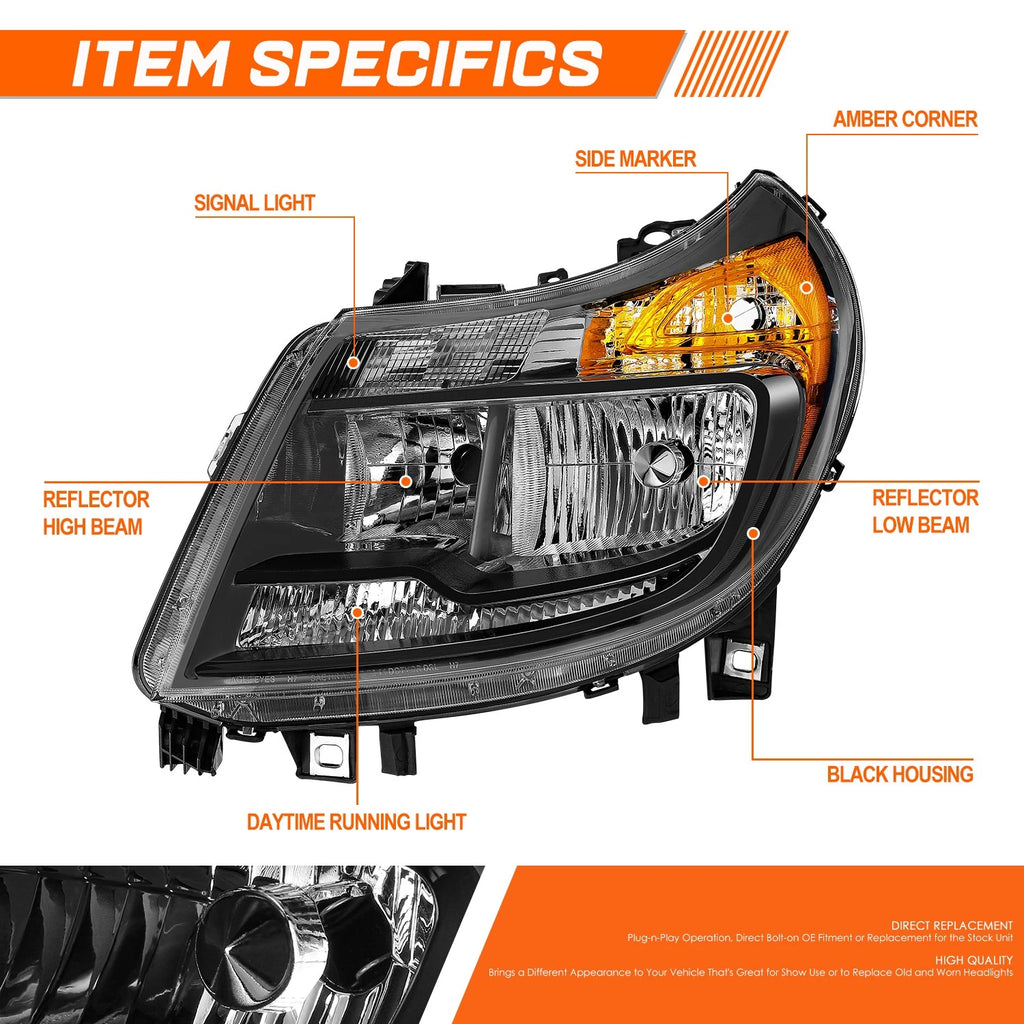 Set of 2 Black Housing Amber Side Headlights for Ram Promaster 1500 2500 3500 (2014–2022)