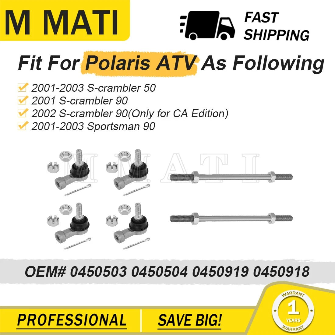 Set of 2 Tie Rod Ends for Polaris Scrambler 50 (2001–2003) #:0450918