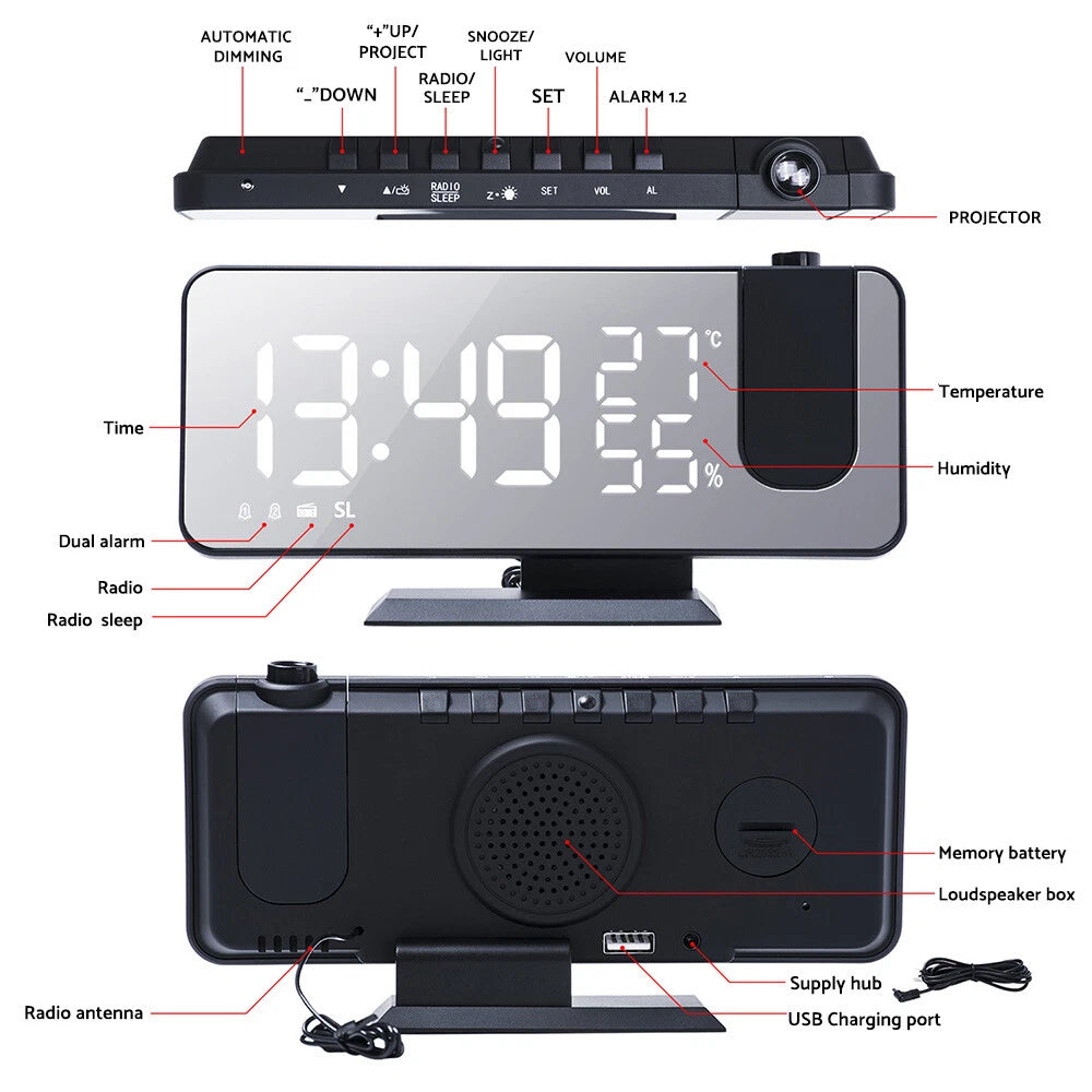 Projection Digital Dual Alarm Clock with LED Big Screen for Bedroom