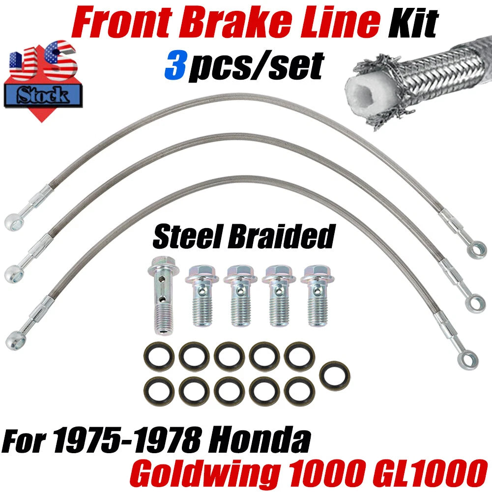 3X Stainless Steel Front Brake Line Kit for Honda GL1000 Goldwing (1975–1978)