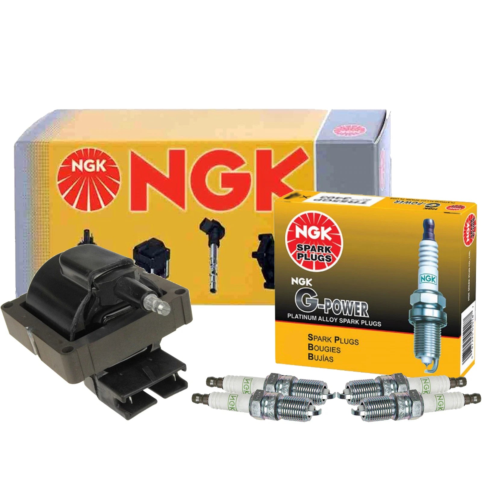Set of 4 NGK HEI Ignition Coils & GPower Platinum Spark Plugs for Ford Mercury Merkur