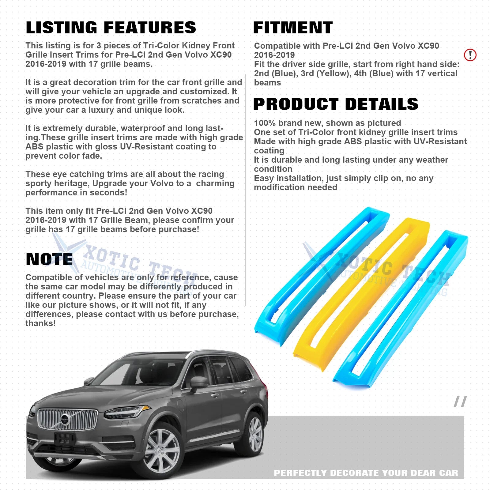 Tri-Color Front Kidney Grille Insert Trim for Volvo XC90 (2016-2019)