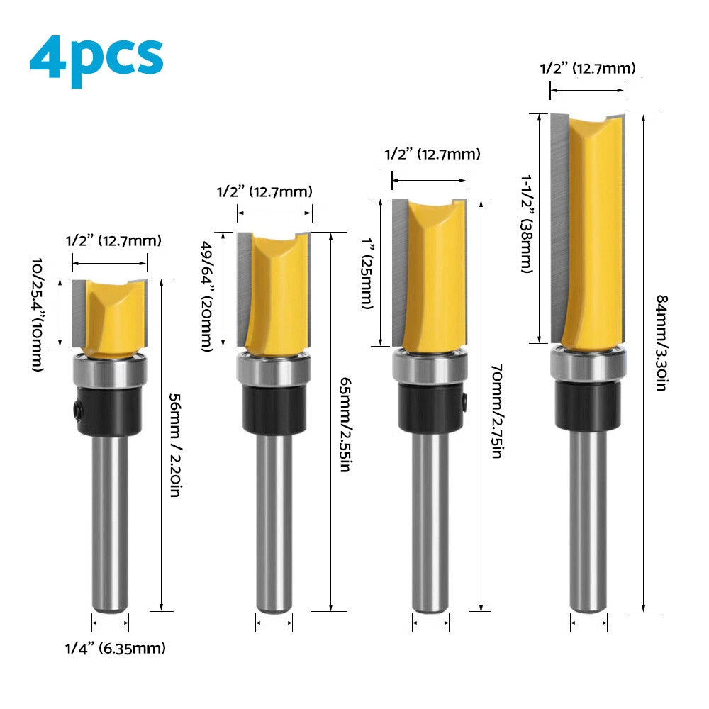 4pcs 1/4 Shank Top Bearing Flush Trim Router Bit Set for Router