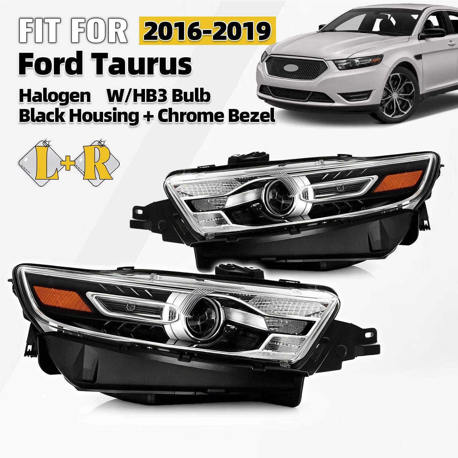 Set of 2 Halogen Headlights for Ford Taurus (2016–2019) HB3 Black Housing
