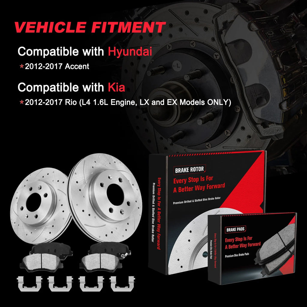 Front Drilled Disc Brake Rotors + Pads for Hyundai Accent Kia Rio (2012–2017)