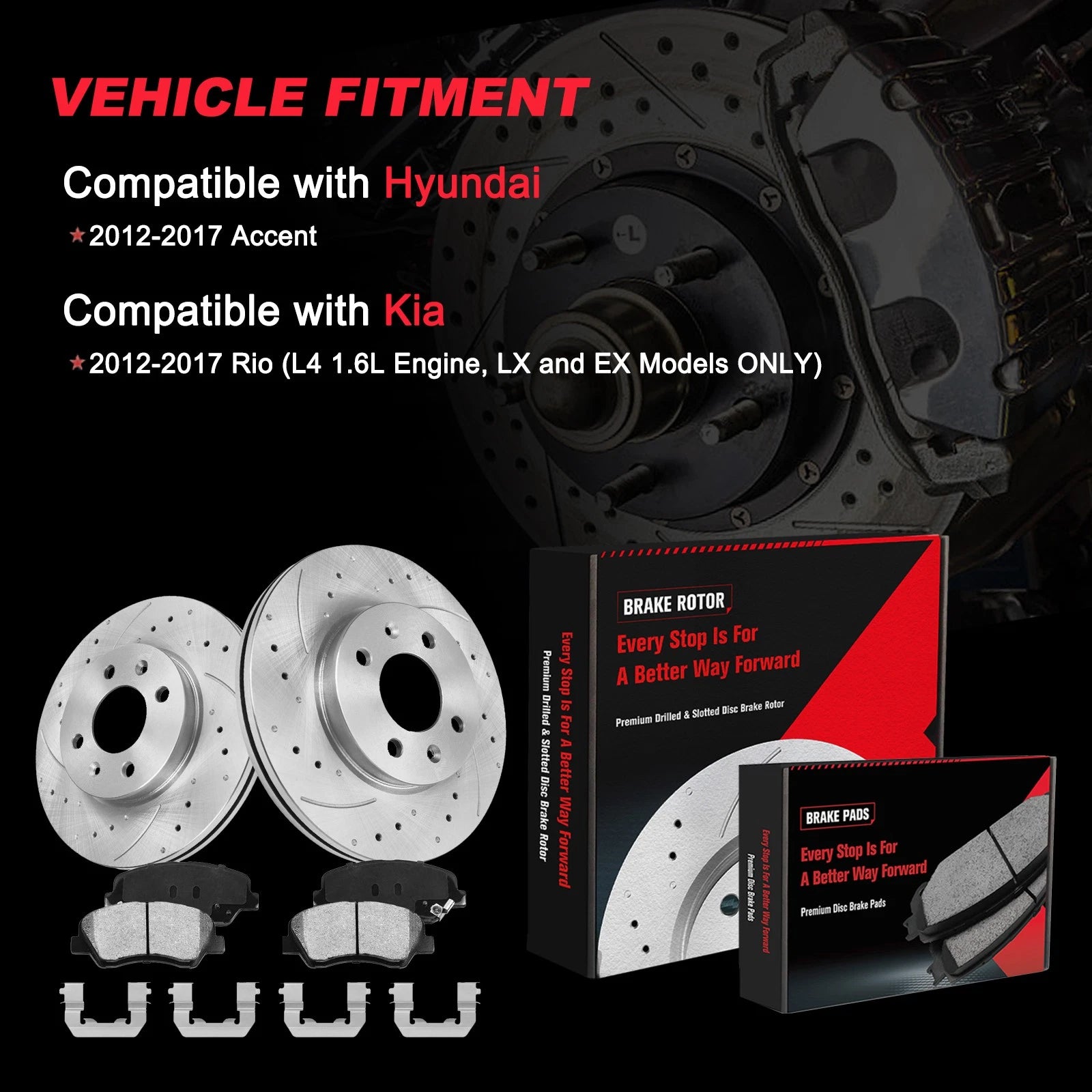 Front Drilled Disc Brake Rotors + Pads for Hyundai Accent Kia Rio (2012–2017)