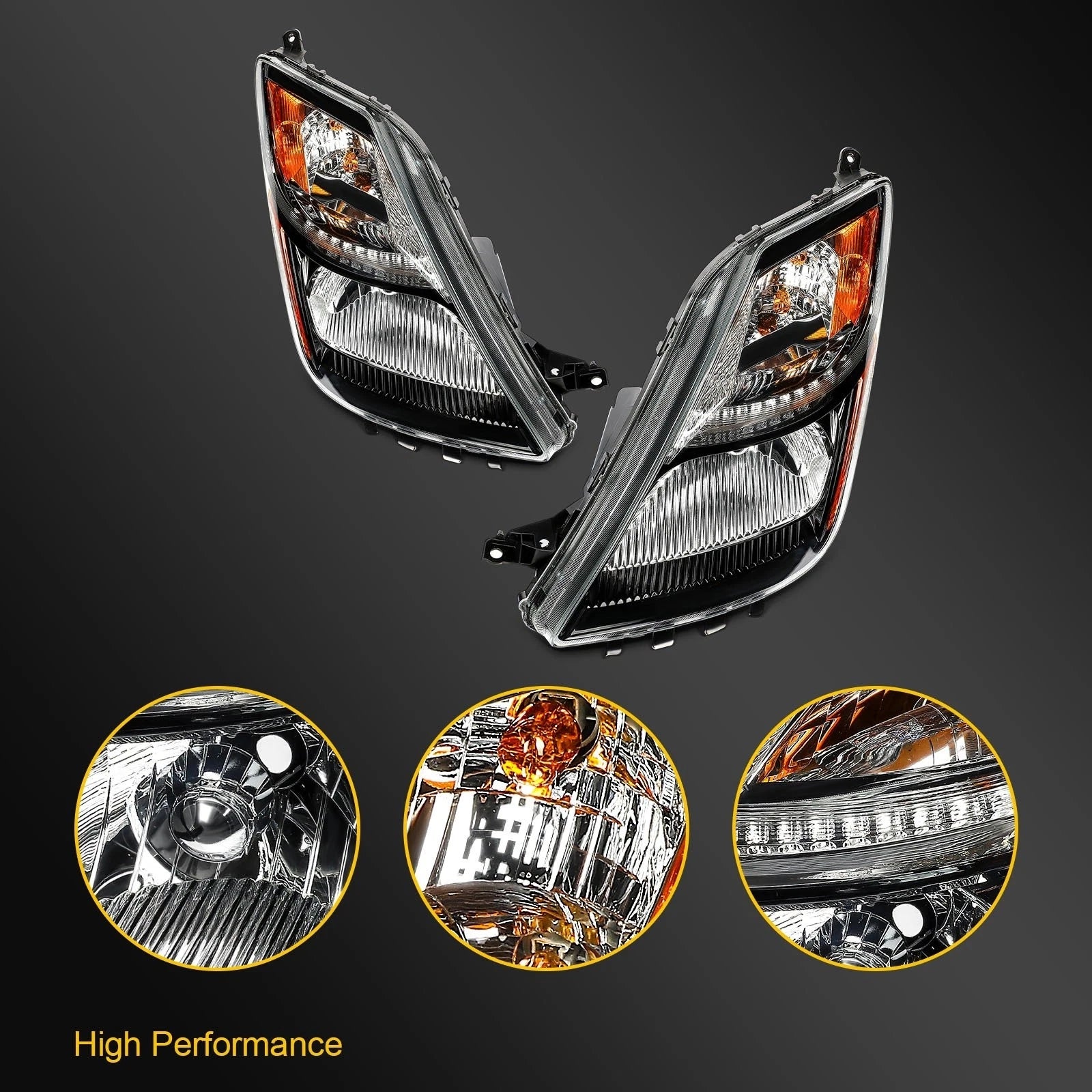Headlight Assembly for Toyota Prius (2006–2009) Black Amber Reflector Pair