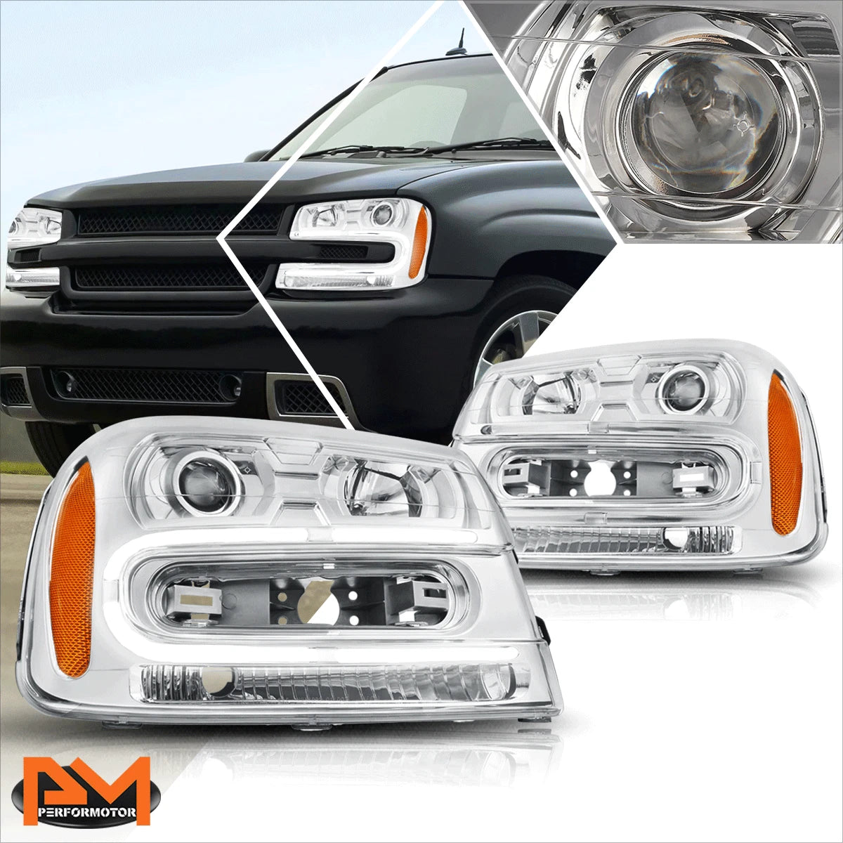LED DRL Projector Headlight Pair for Chevy Trailblazer (2002–2009)