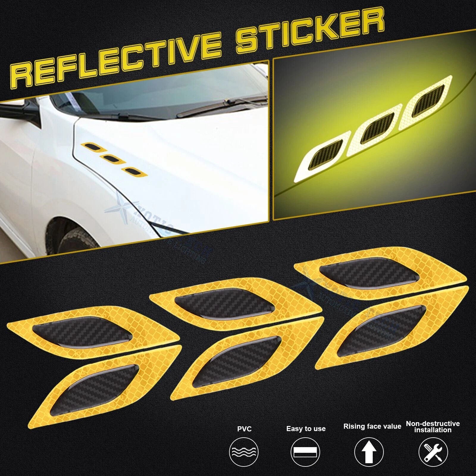 Yellow Carbon Fiber Pattern 3D PVC Night Reflect Vent Edge for Cars (2018–2024)