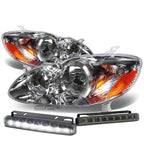 Chrome Clear Headlight + Amber Corner + Smoke LED Fog Light Kit for Toyota Corolla (2003–2008)