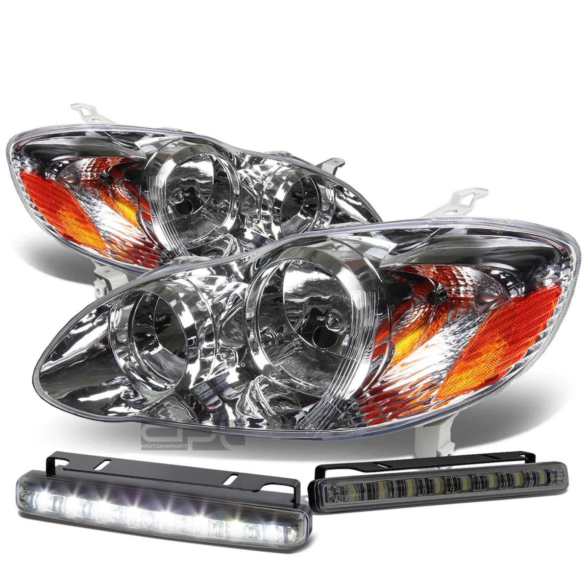 Chrome Clear Headlight + Amber Corner + Smoke LED Fog Light Kit for Toyota Corolla (2003–2008)